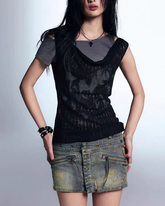 Off-the-shoulder Printed Layered Top　TP049