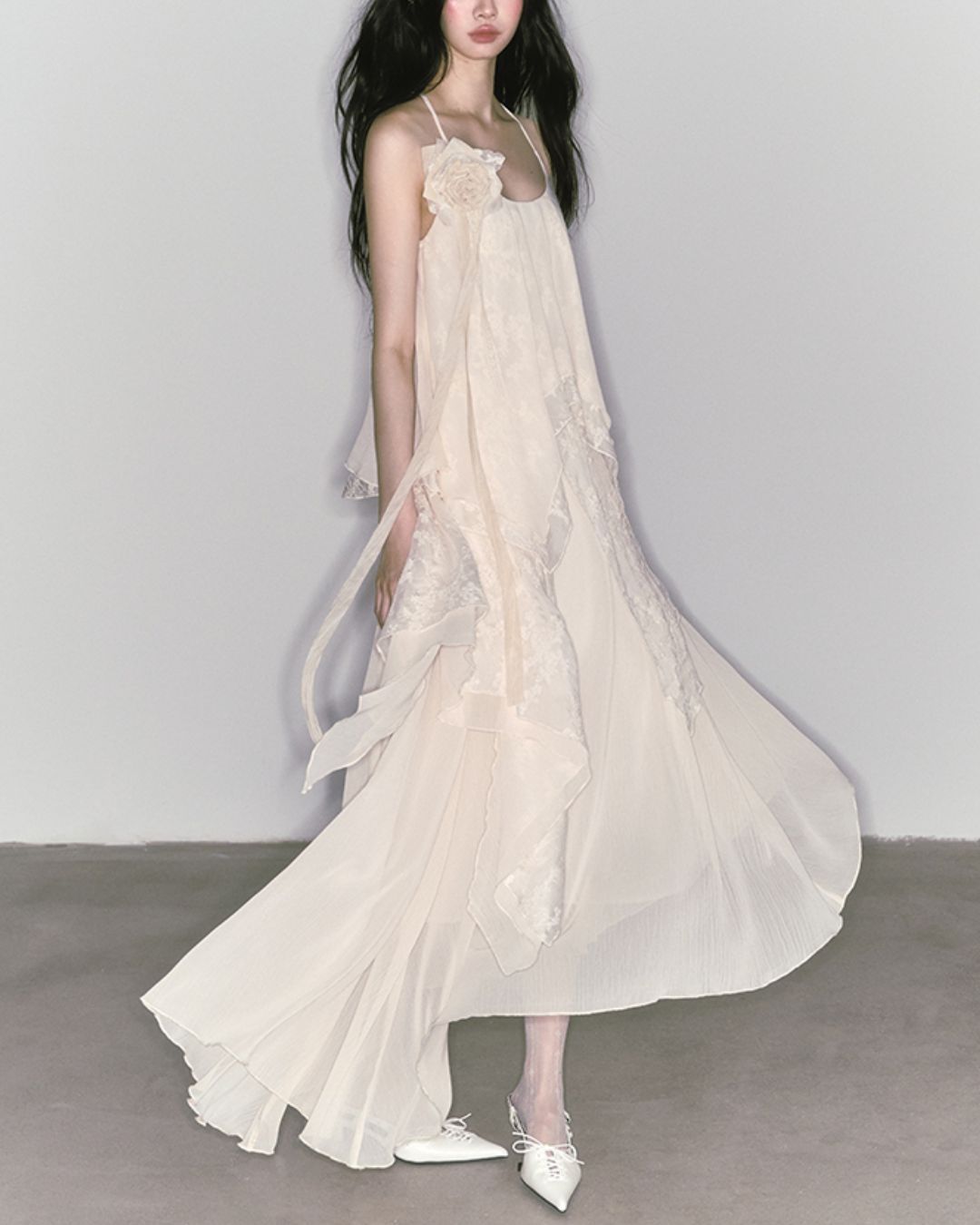 Rose Brooch Lace Asymmetrical Dress　DR013