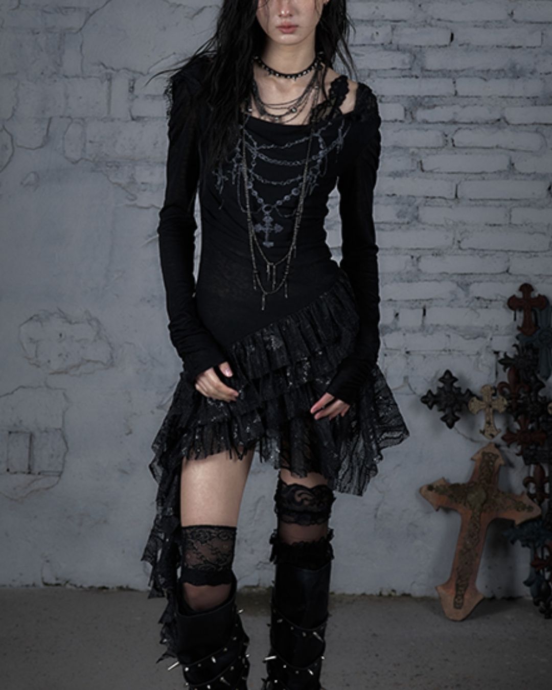 Necklace Print Lace Hooded Dress　DR037