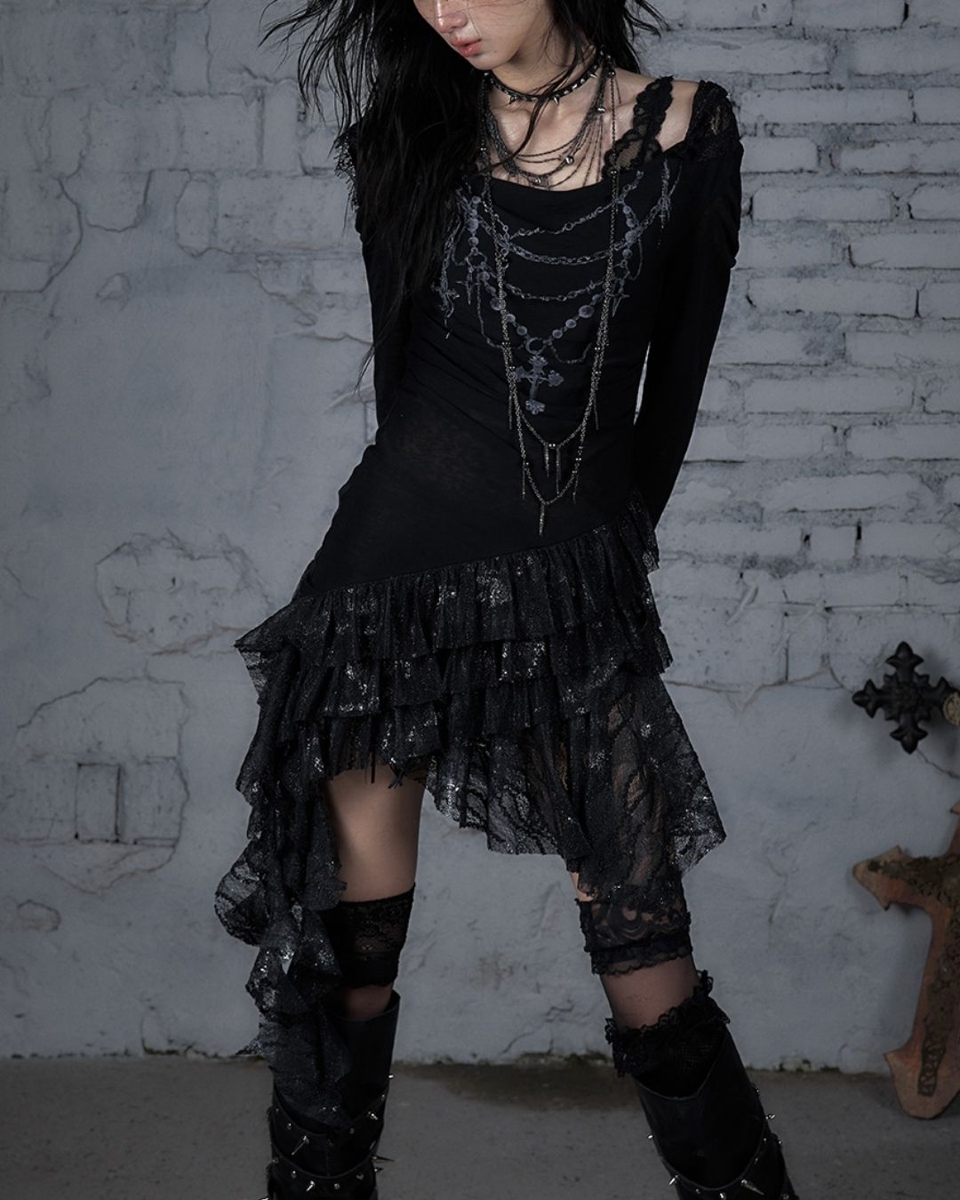 Necklace Print Lace Hooded Dress　DR037