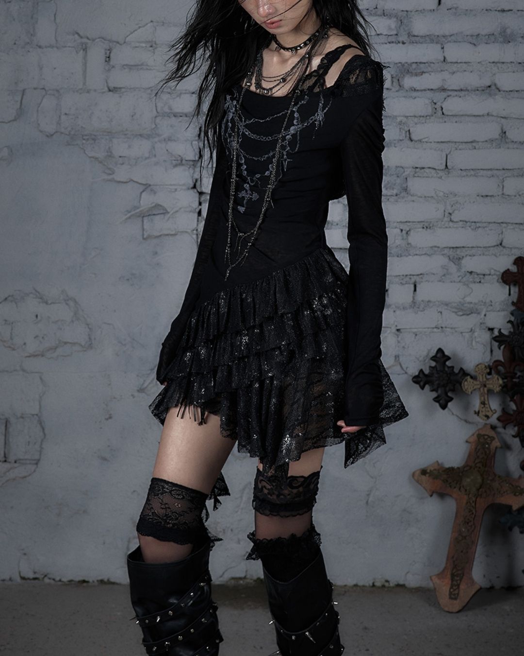 Necklace Print Lace Hooded Dress　DR037