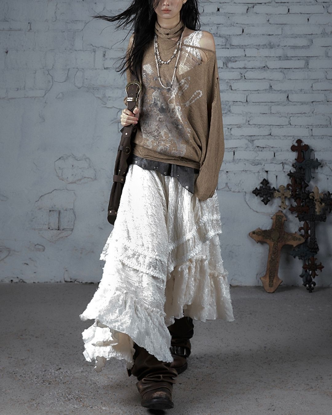 Distressed Open Shoulder Summer Knit　TP042