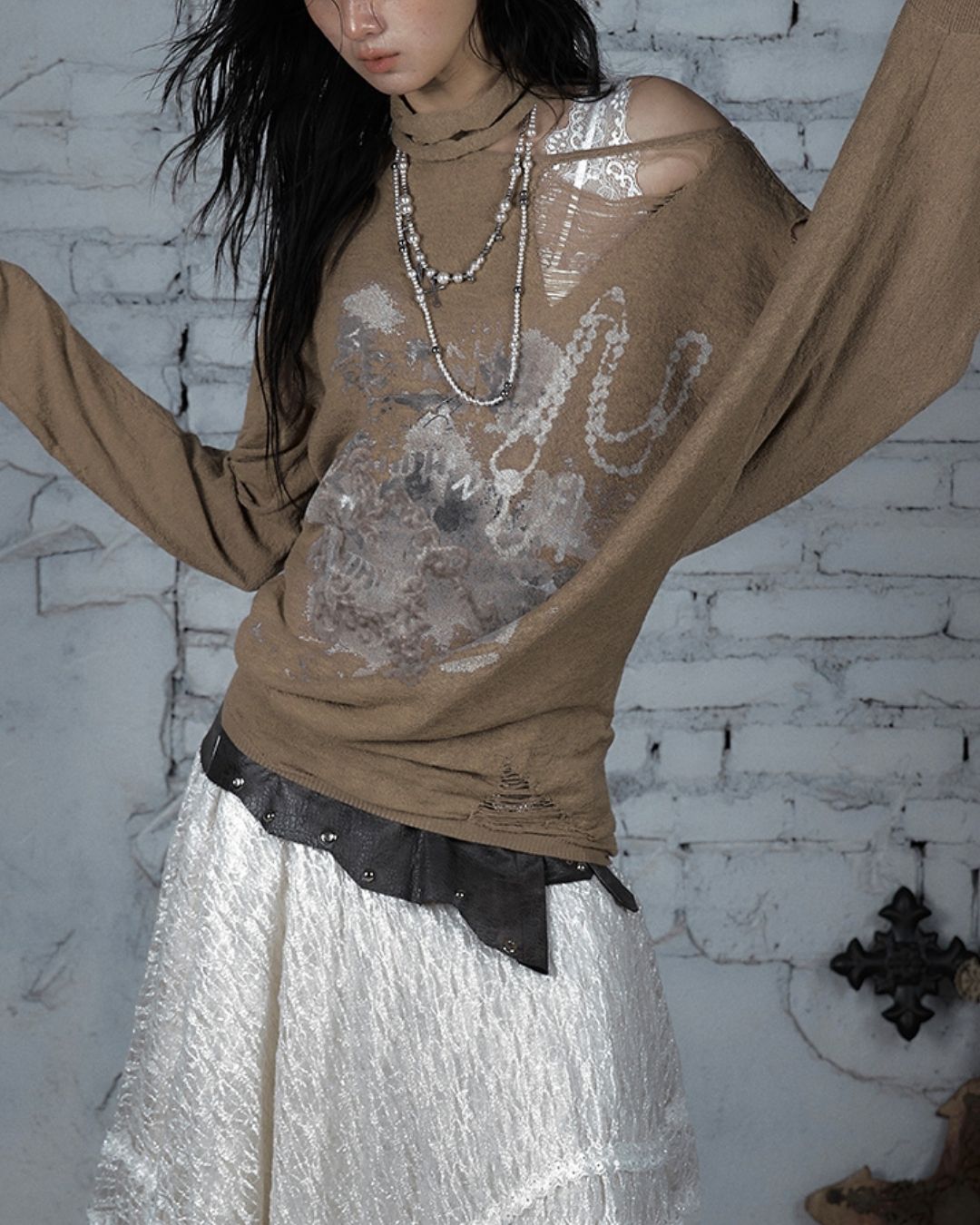 Distressed Open Shoulder Summer Knit　TP042