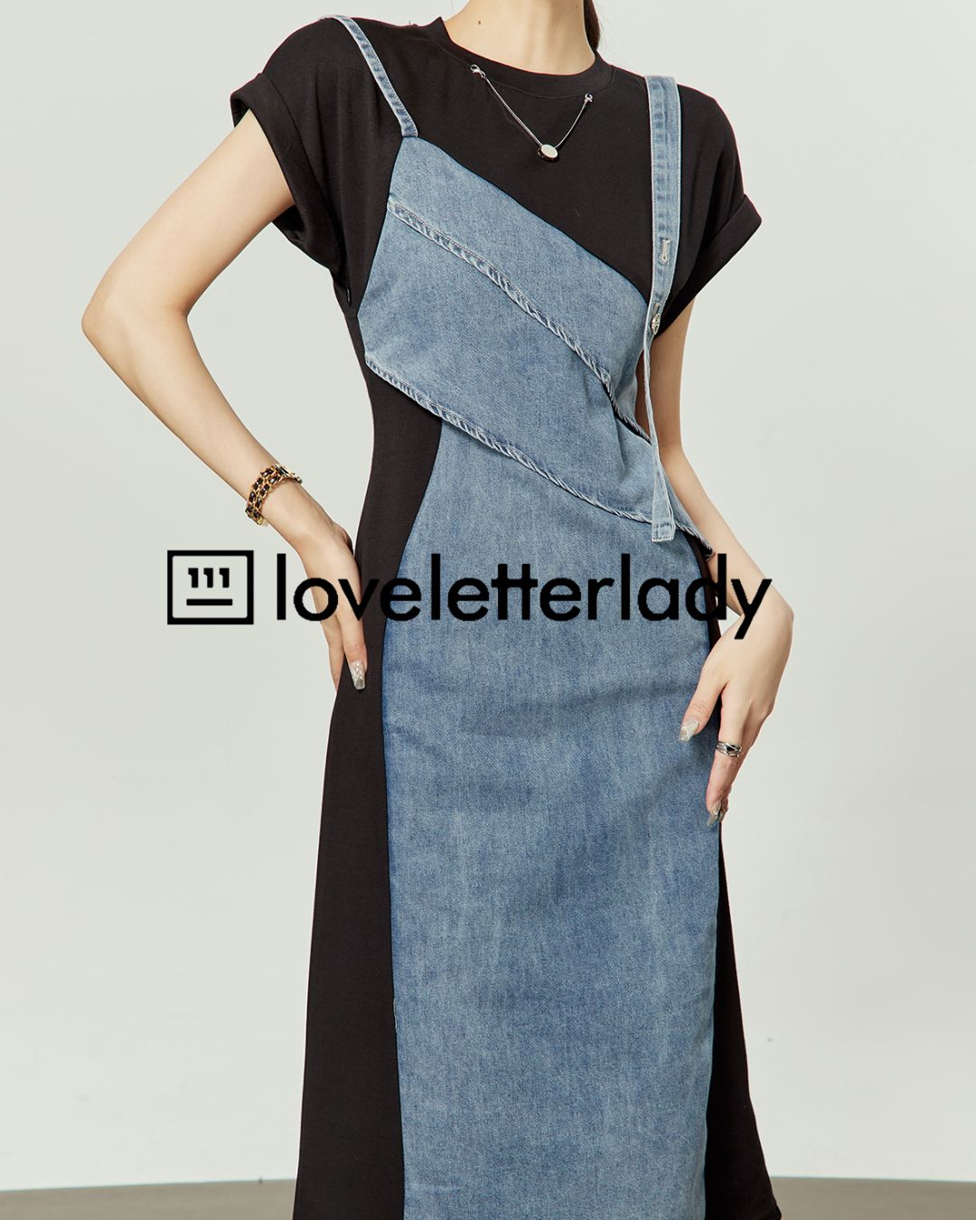 Denim Switching French Sleeve Dress　DR045