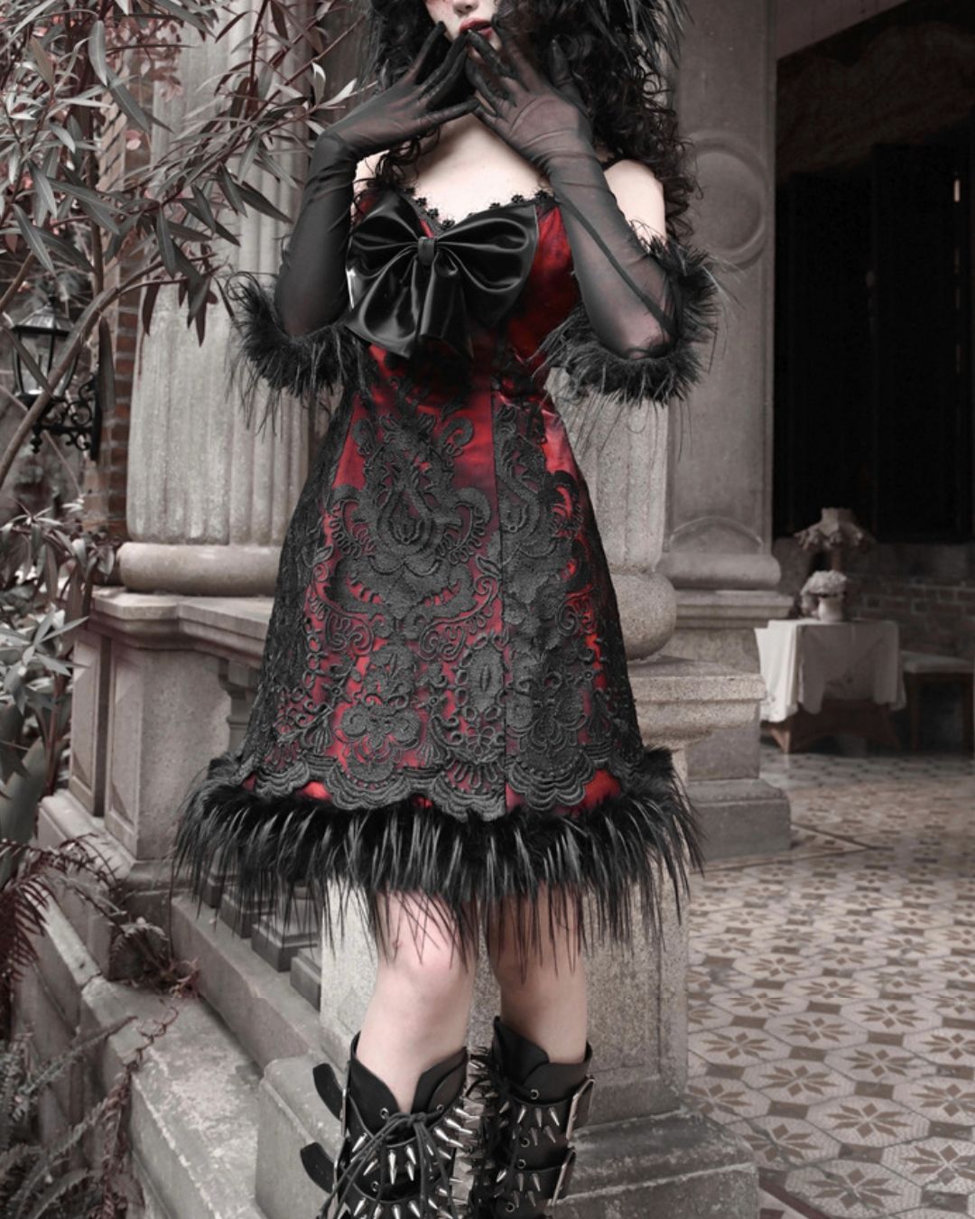 Black Lace Leather Ribbon Dress　DR034