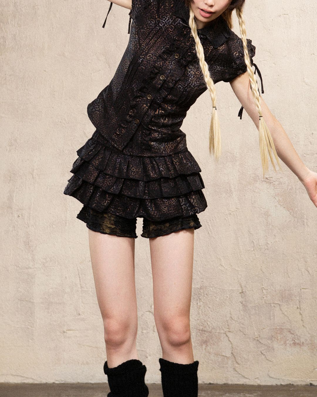 Stand Collar Leopard Print Frill Shirt　TP051