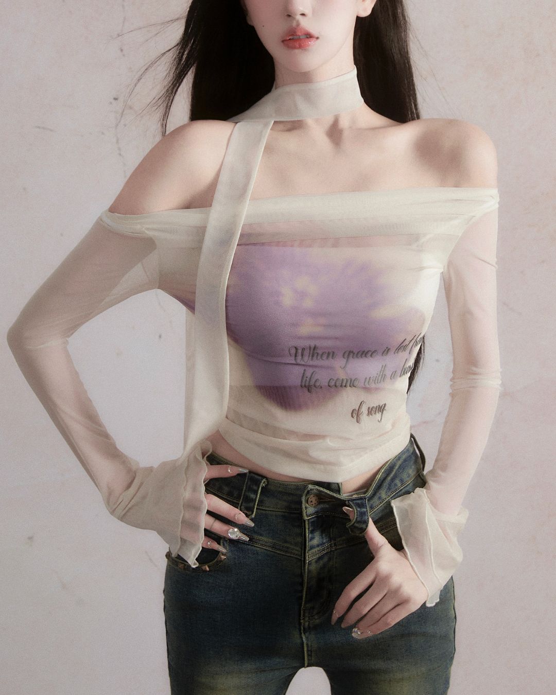 Sheer Flower Off-Shoulder Top　TP026