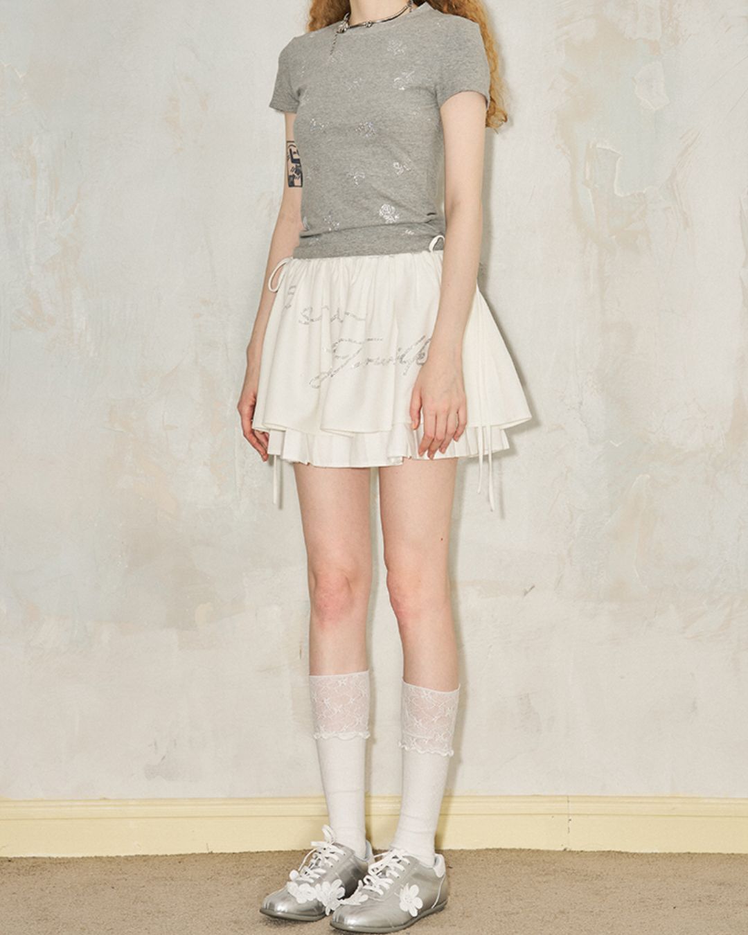 Rhinestone Logo Pleated Mini Skirt　BT026