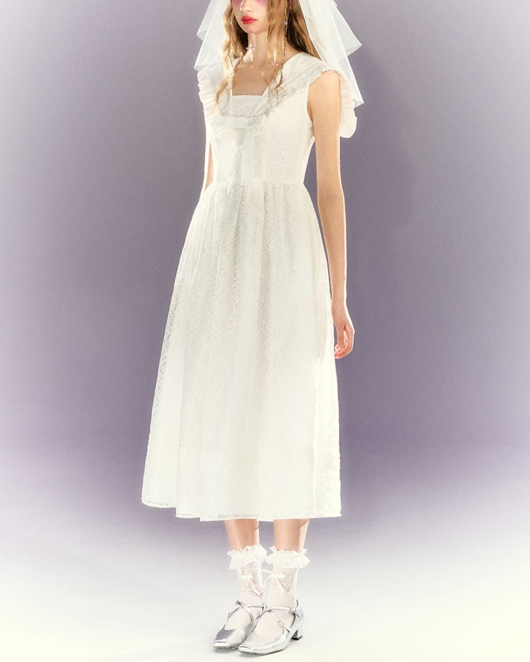 White Lace Sailor Collar Dress　DR023