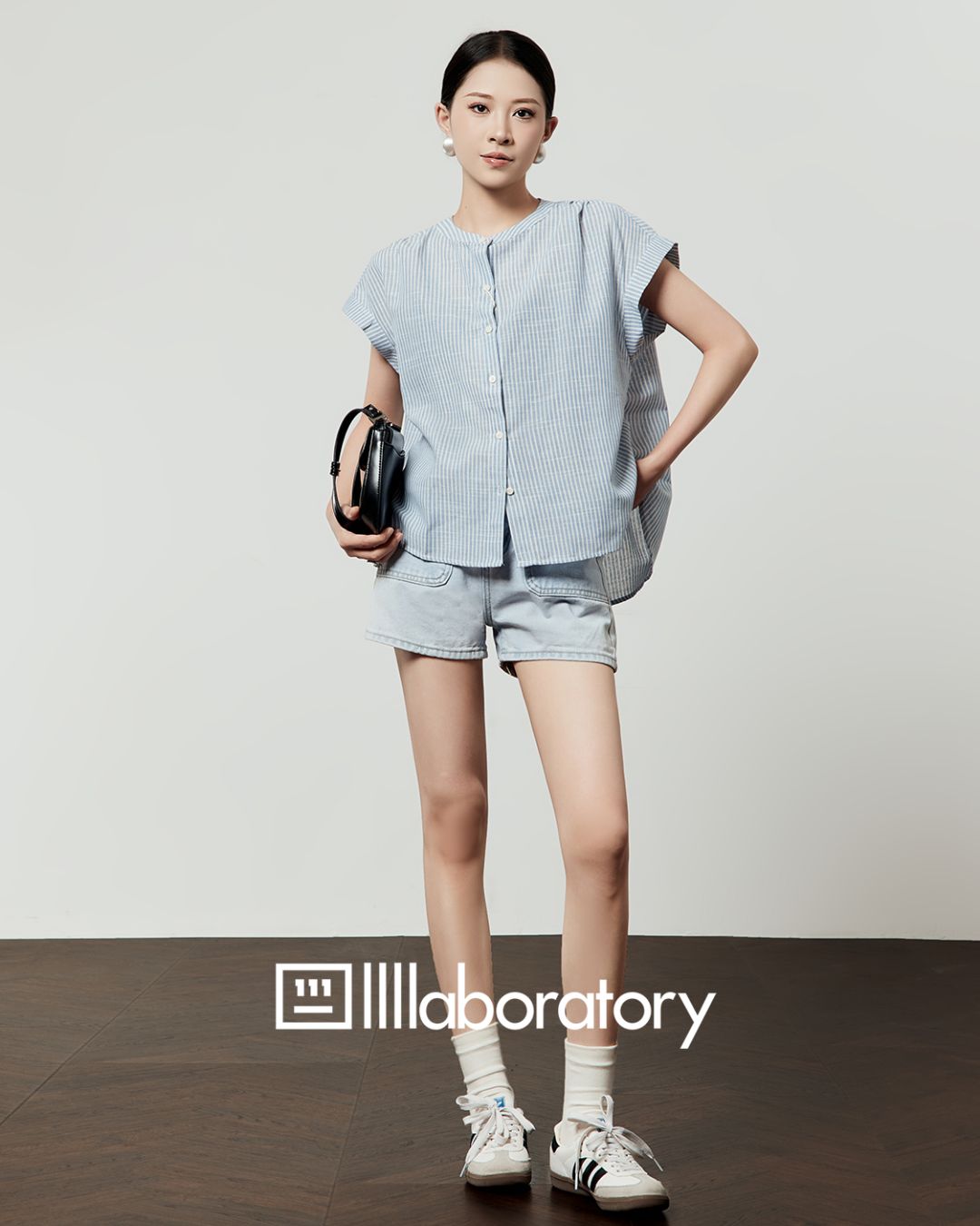 Blue Striped Collarless Shirt　TP058