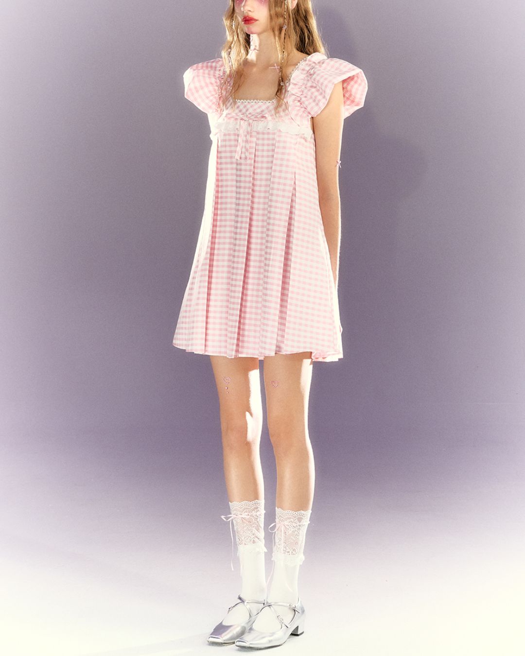 Puff sleeve Gingham Check Mini Dress　DR026