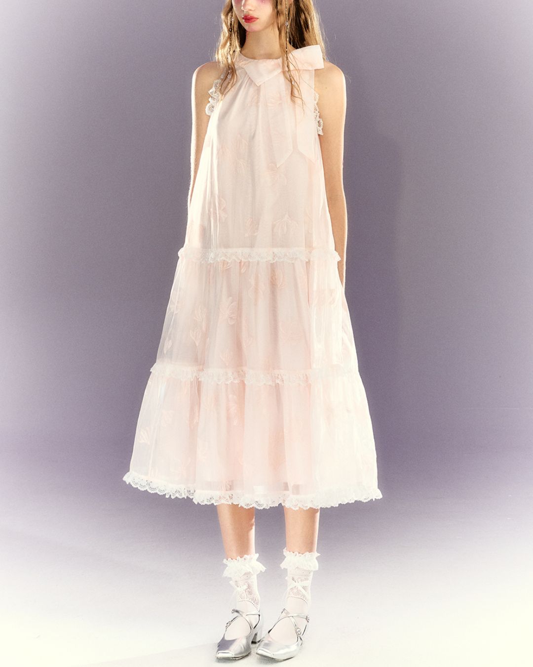 Halter Neck Floral Tiered Lace Long Dress　DR025