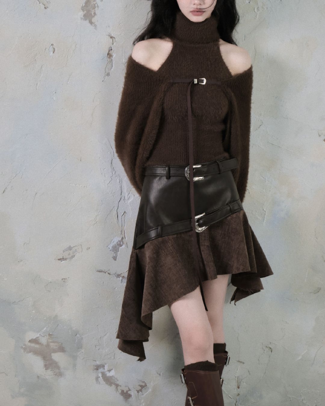 Leather And Suede Metallic Belt Asymmetric Skirt　BT019