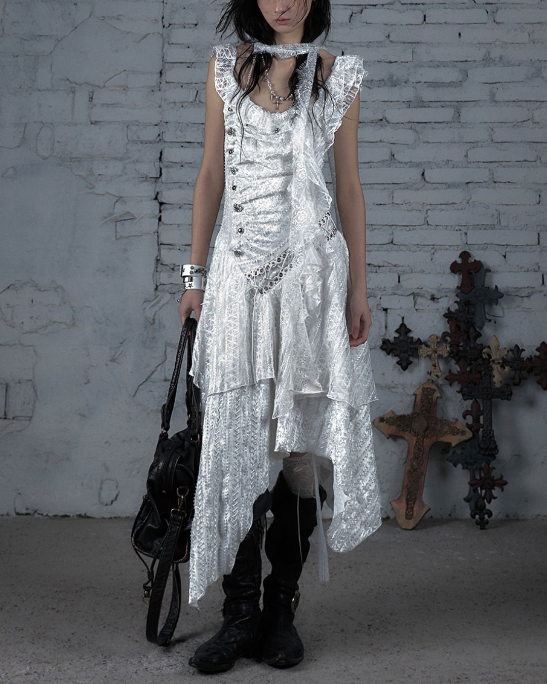 Sleeveless White Lace Asymmetrical Dress　DR038