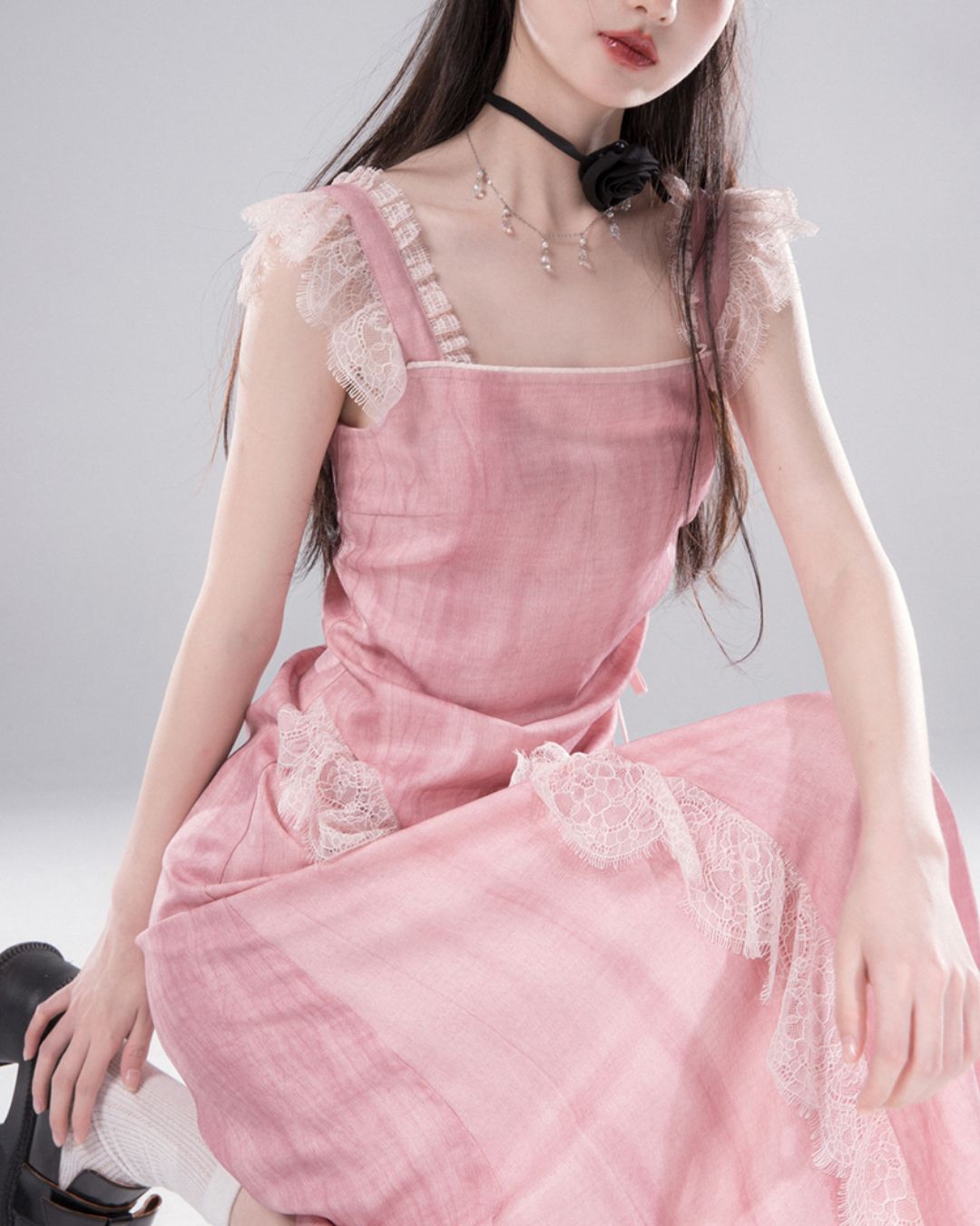 Side Waist Drawstring Lace Embellished Long Dress　DR042