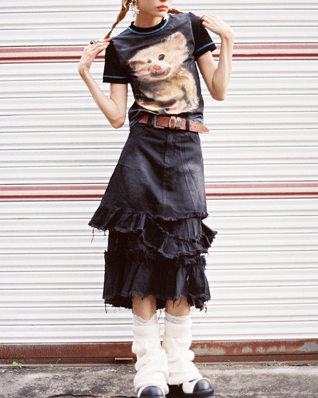 Distressed Denim Frill Midi Skirt　BT021