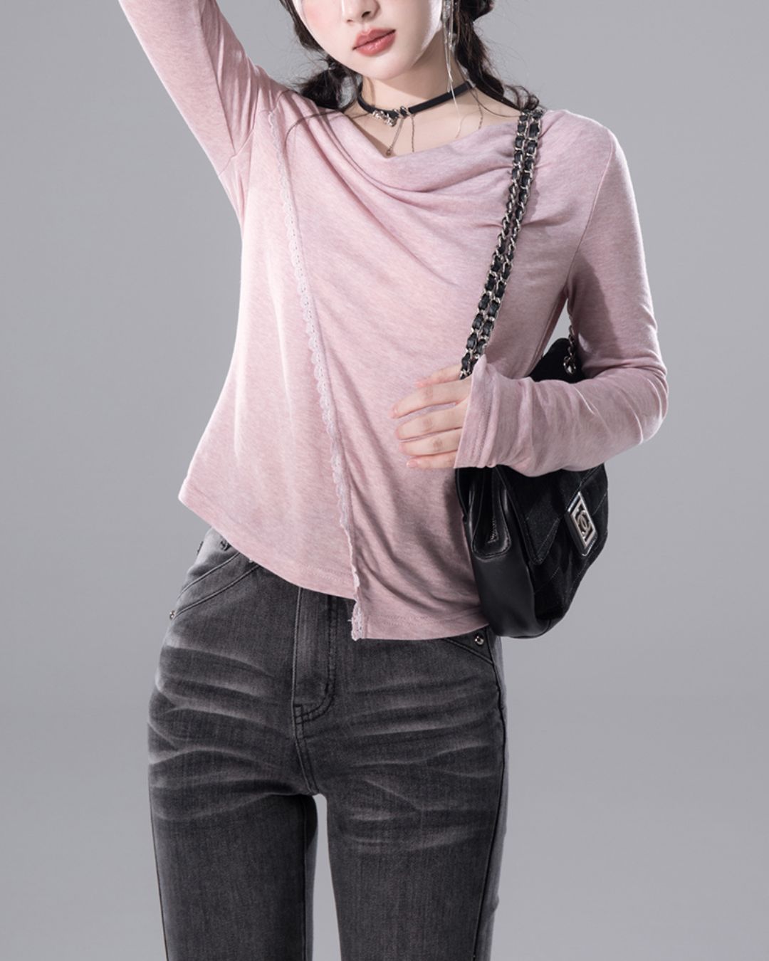 Draped Boat Neck Lace Seam Top　TP046