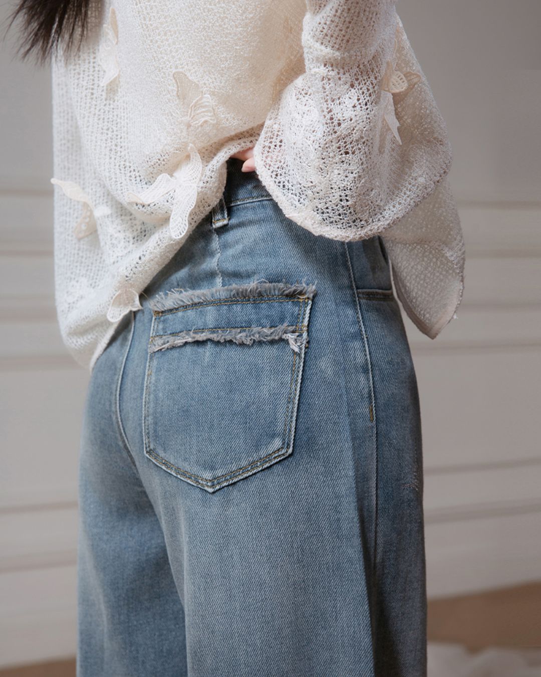 Rhinestone Decorated Wide Denim Pants　BT031