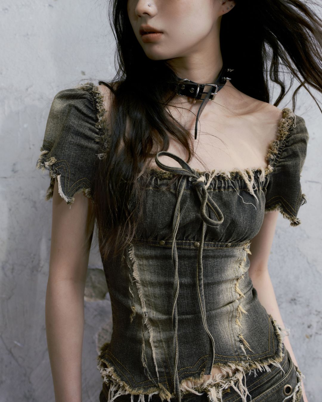 Washed Denim Puff Sleeves Top　TP029