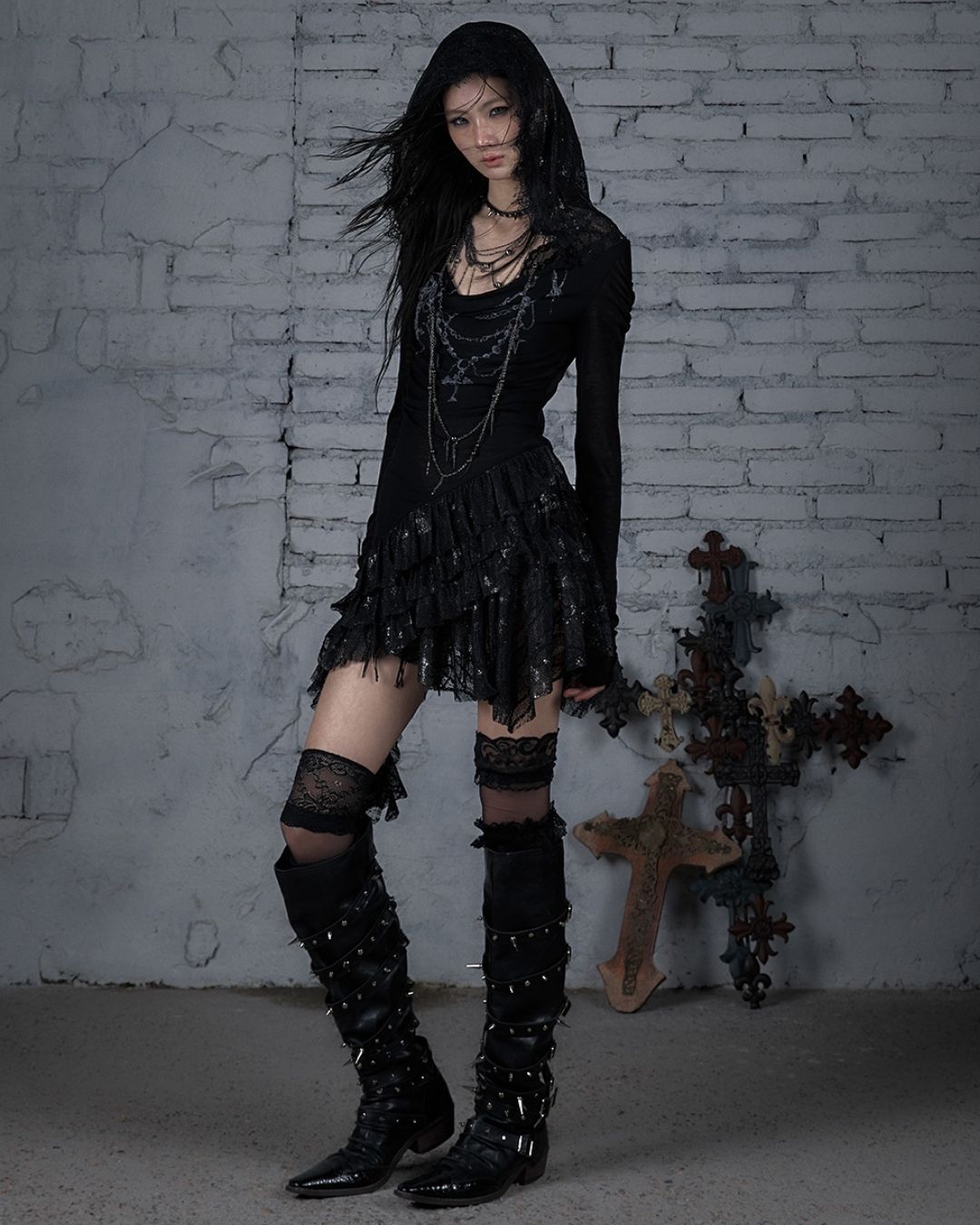 Necklace Print Lace Hooded Dress　DR037