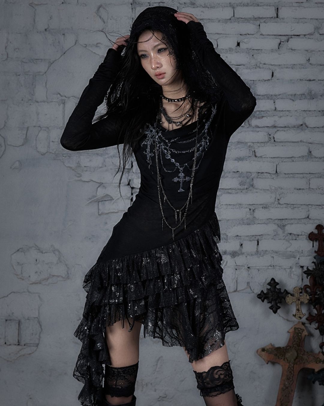 Necklace Print Lace Hooded Dress　DR037