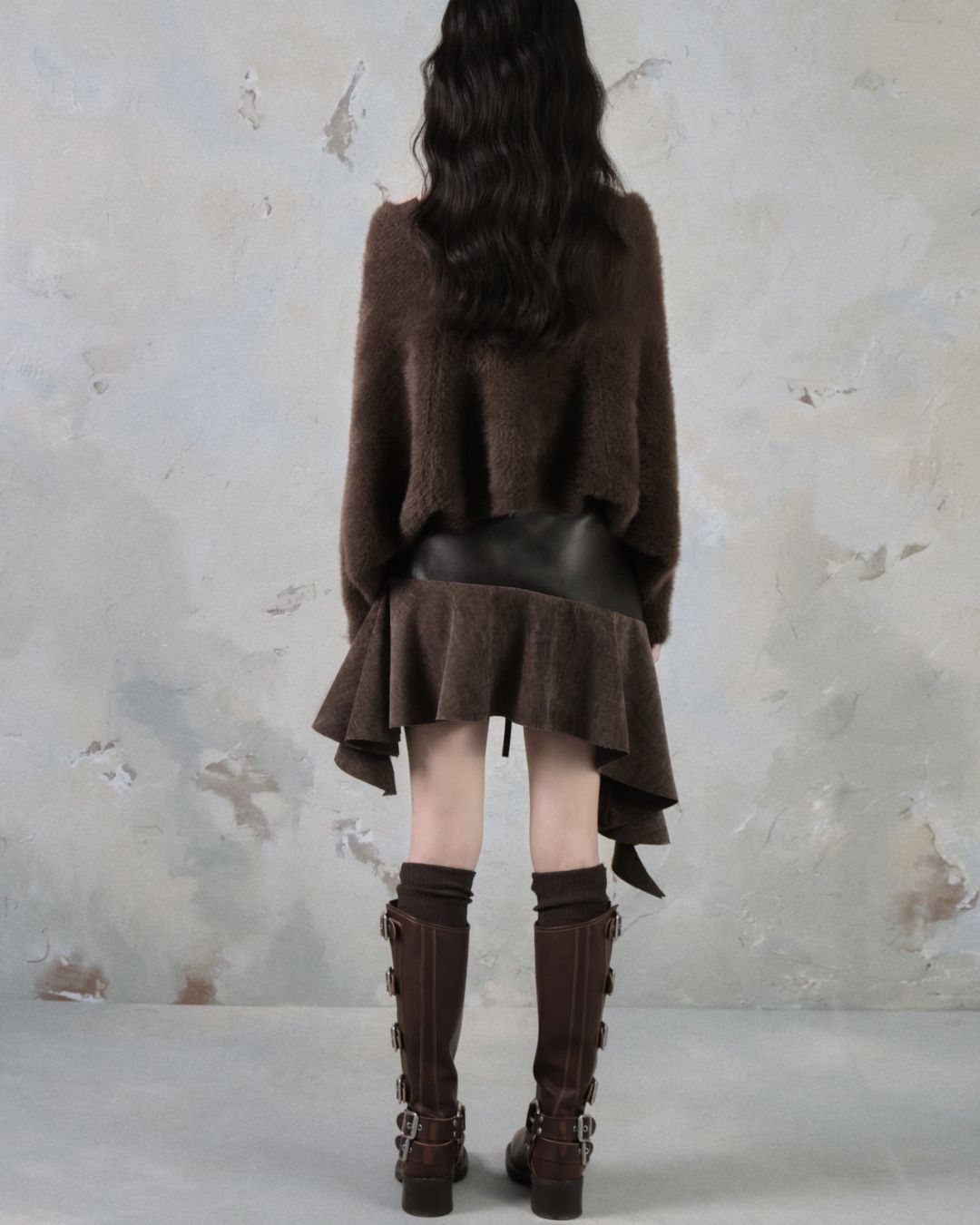 Leather And Suede Metallic Belt Asymmetric Skirt　BT019