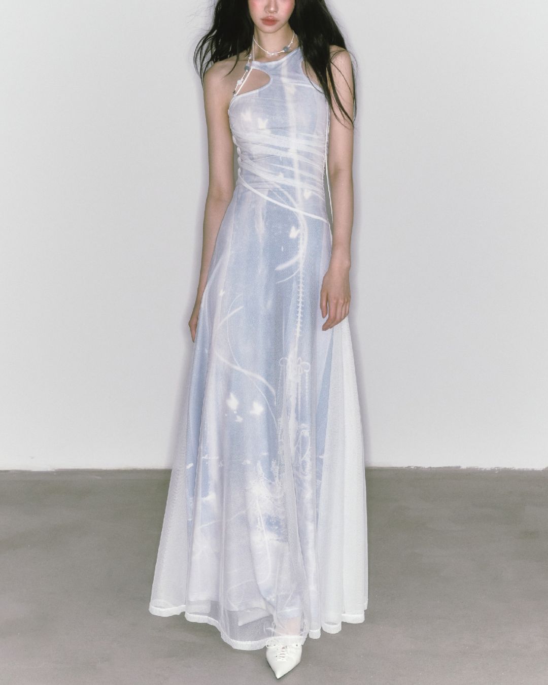 Mesh Print Beaded Halter Neck Long Dress　DR014