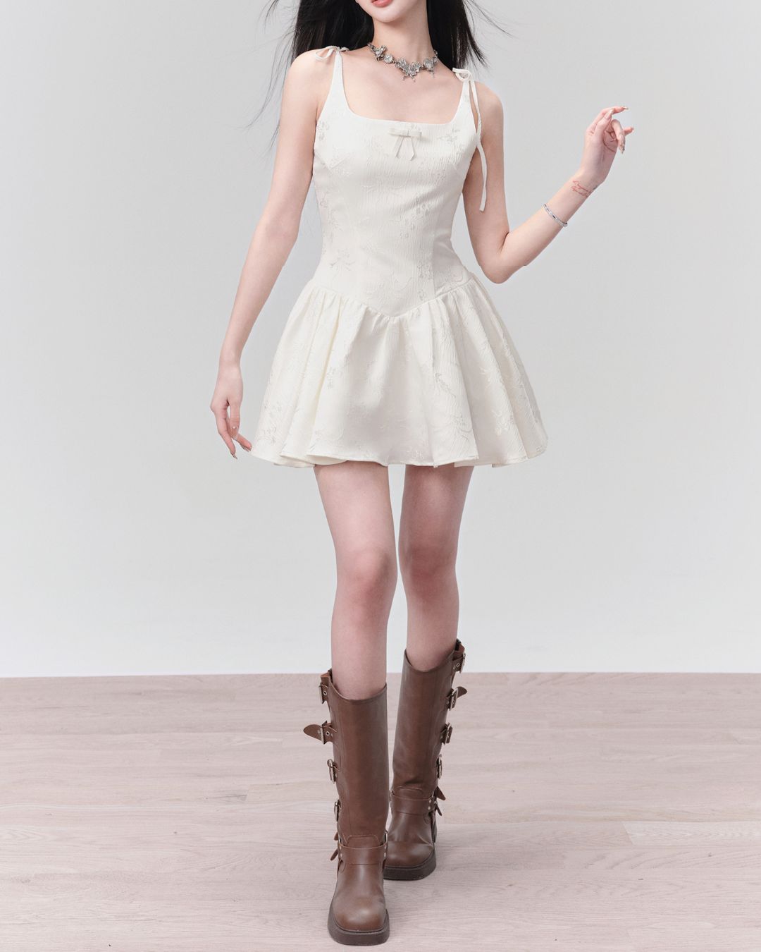 Jacquard Ribbon Camisole Mini Dress　DR022