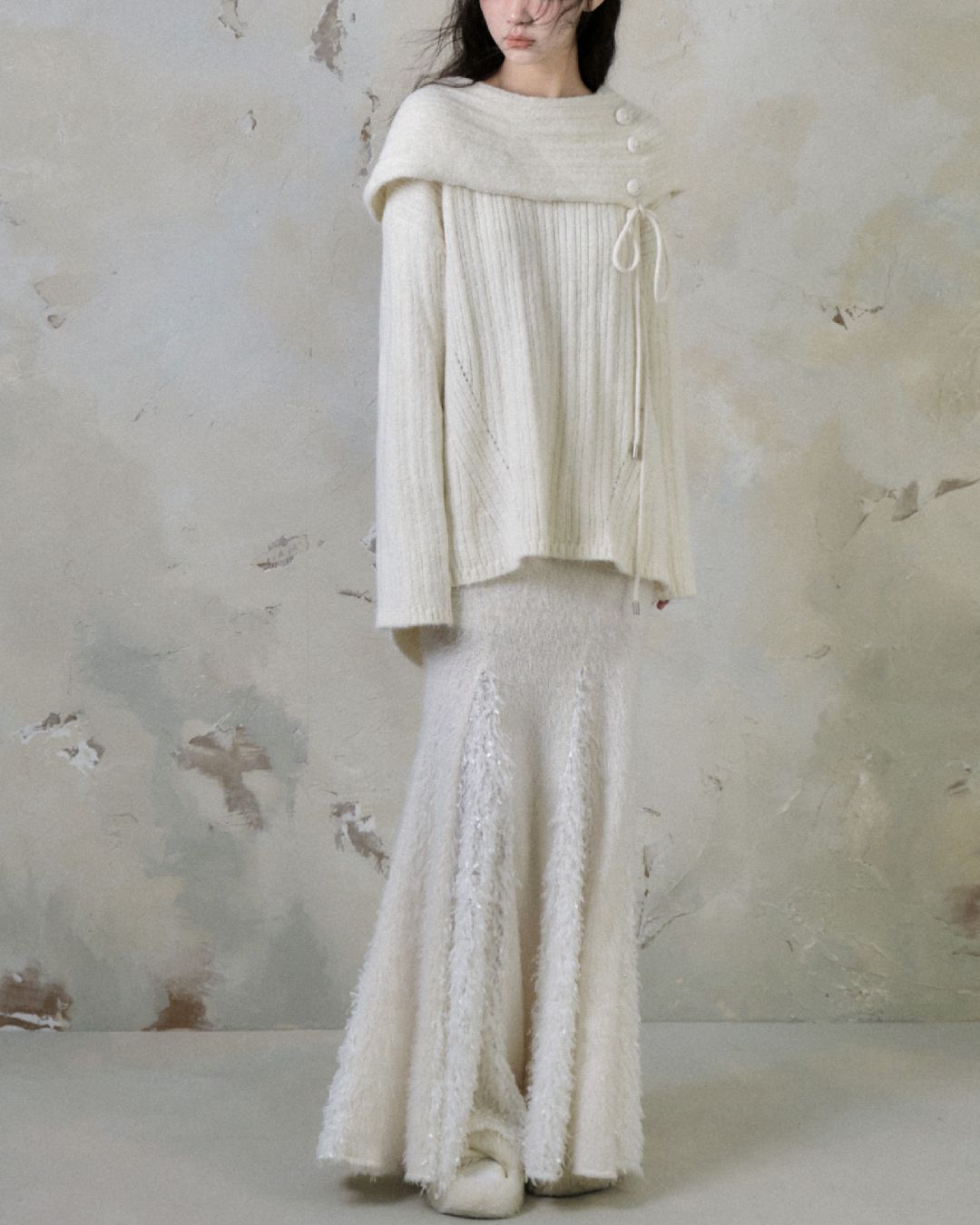 Button Ribbon Off Shoulder Knit　TP022