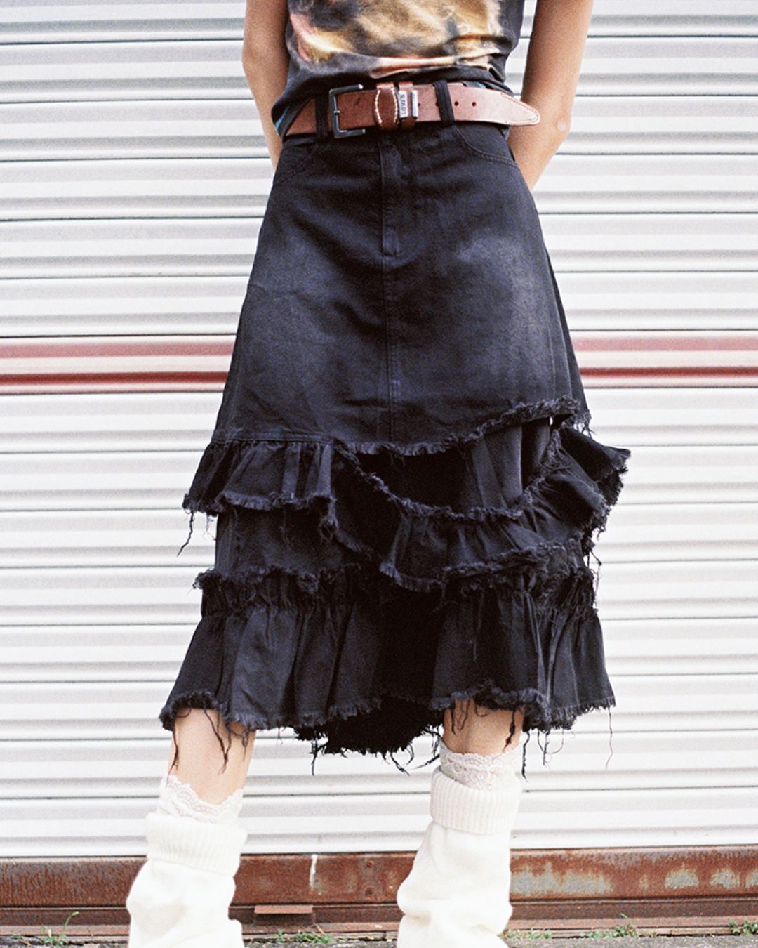 Distressed Denim Frill Midi Skirt　BT021
