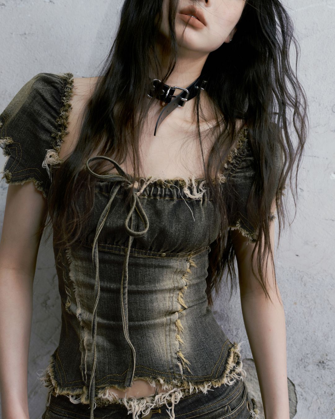 Washed Denim Puff Sleeves Top　TP029