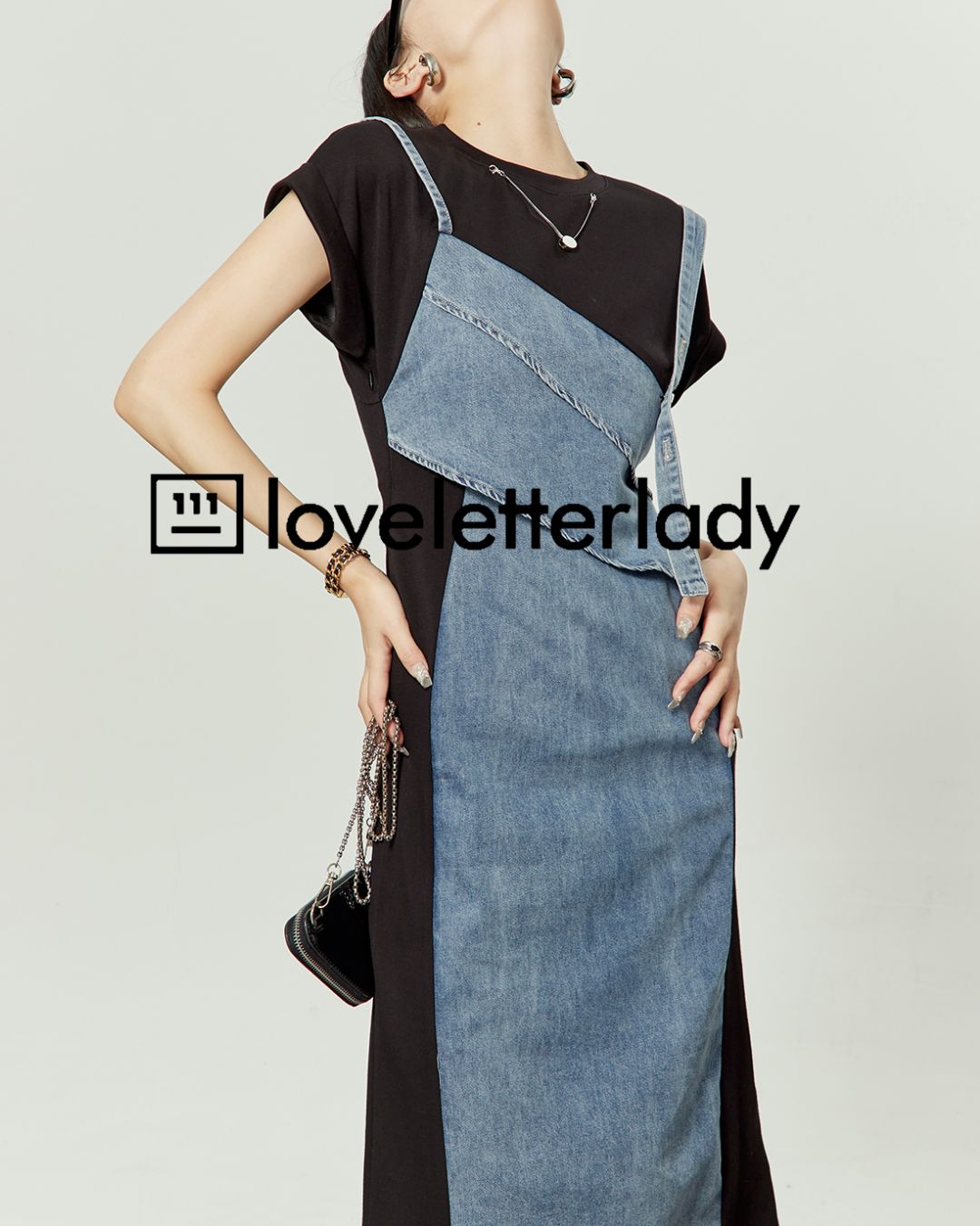 Denim Switching French Sleeve Dress　DR045