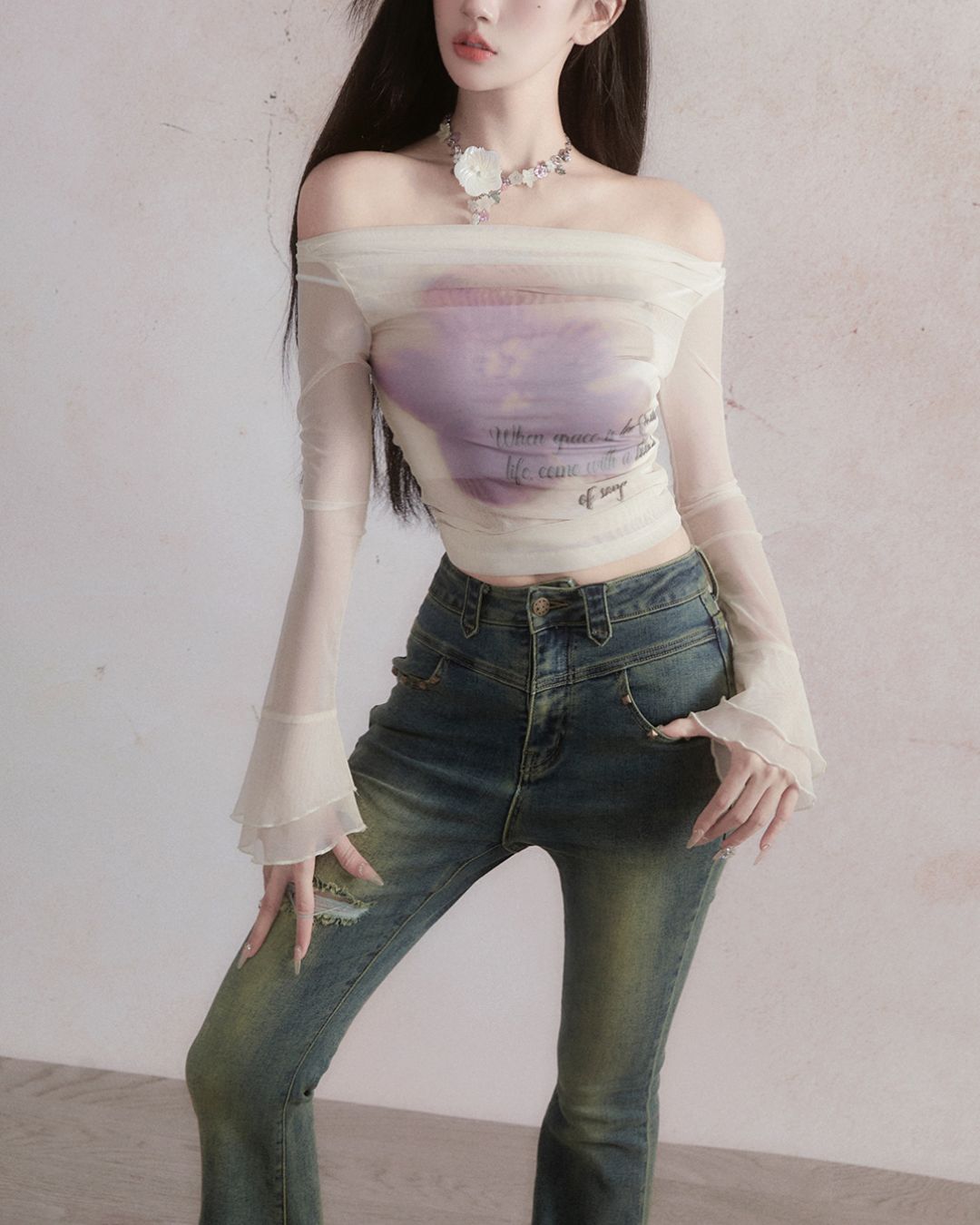 Sheer Flower Off-Shoulder Top　TP026