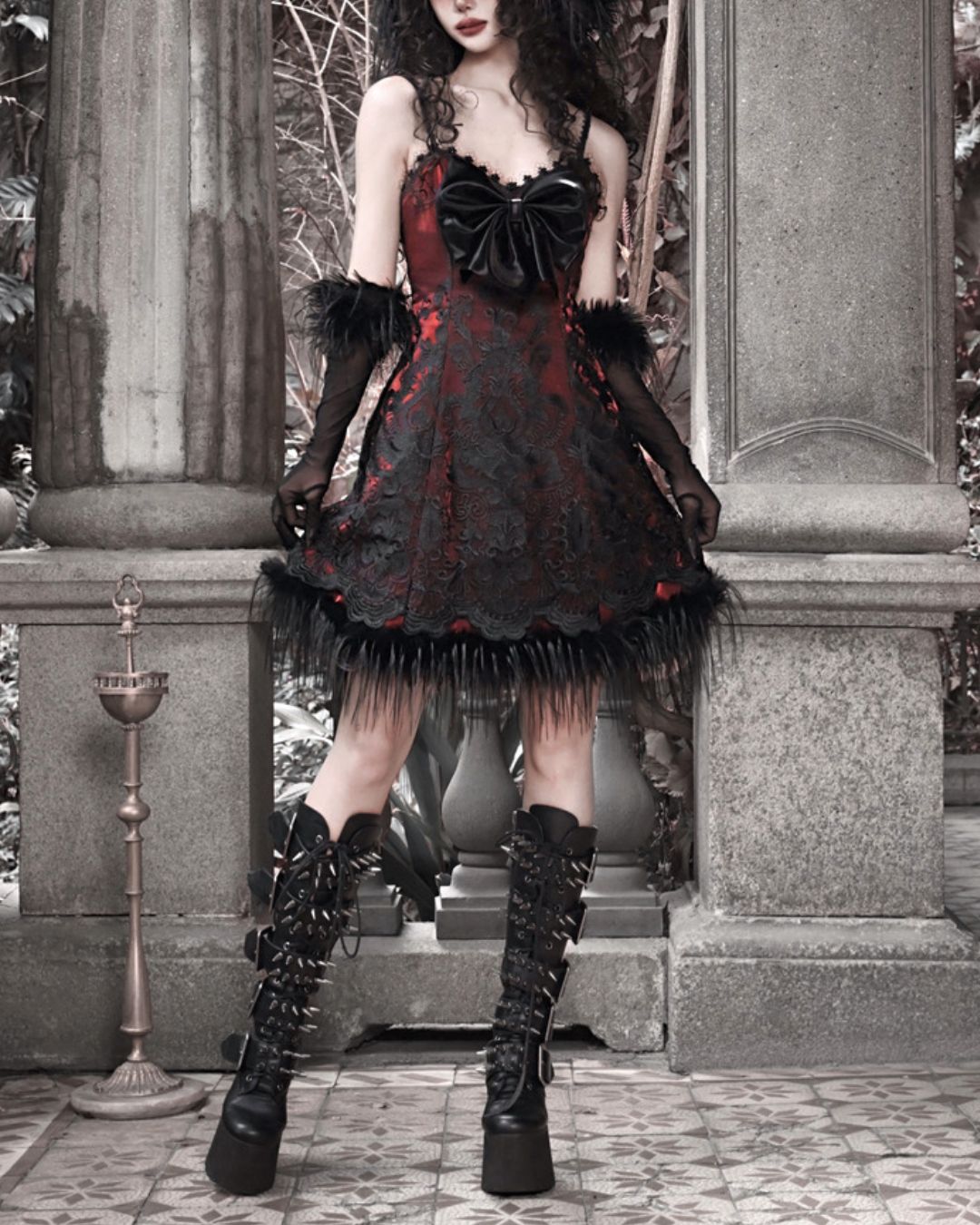 Black Lace Leather Ribbon Dress　DR034