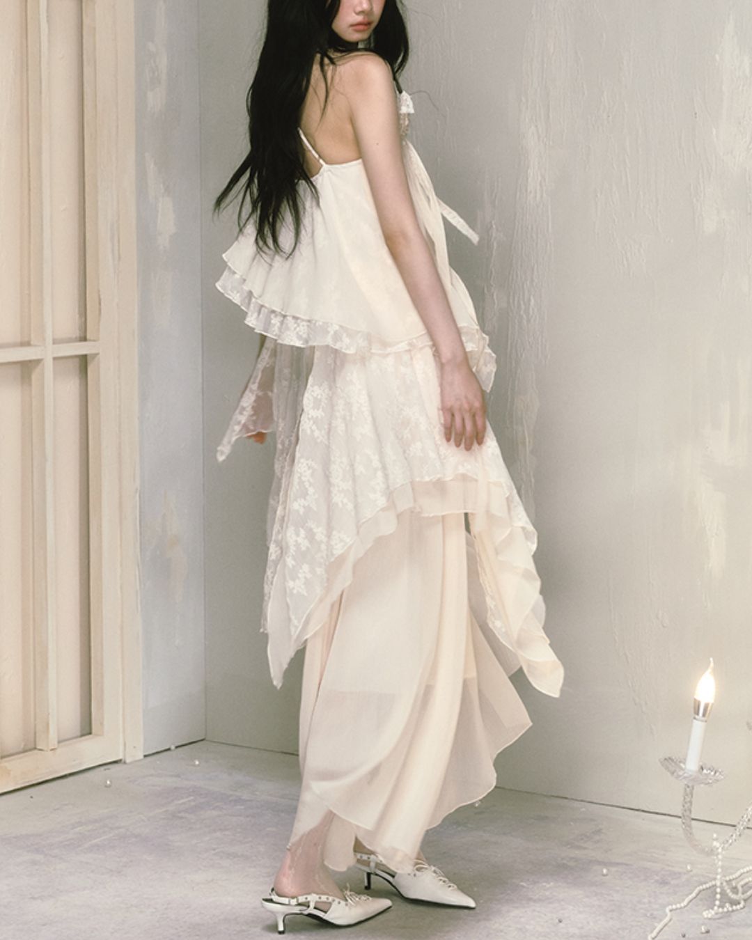 Rose Brooch Lace Asymmetrical Dress　DR013