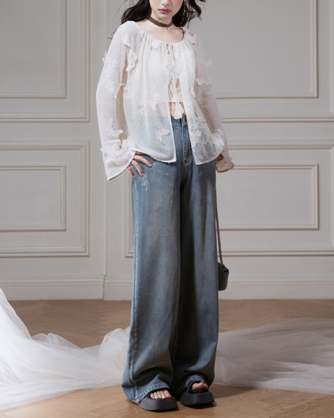 Rhinestone Decorated Wide Denim Pants　BT031