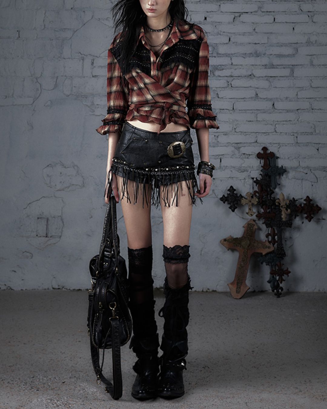 3/4 Sleeve Front Tie Check Shirt　TP043