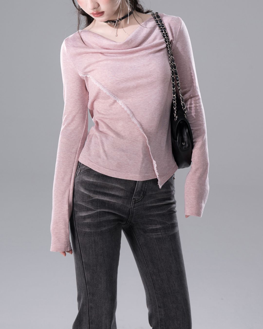 Draped Boat Neck Lace Seam Top　TP046