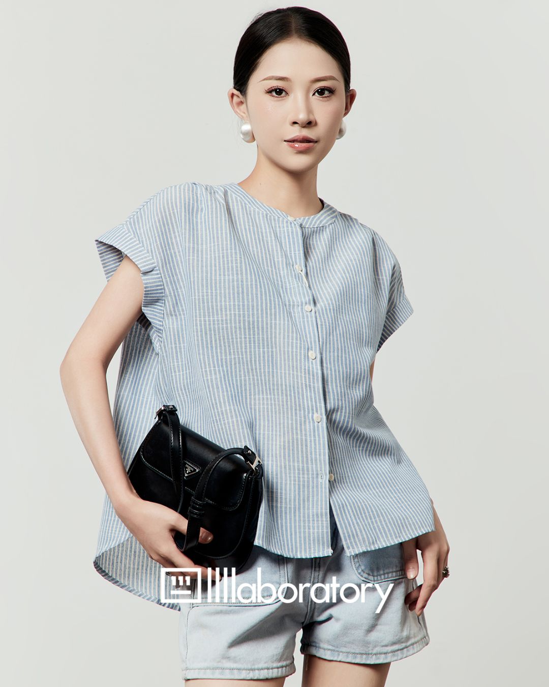 Blue Striped Collarless Shirt　TP058