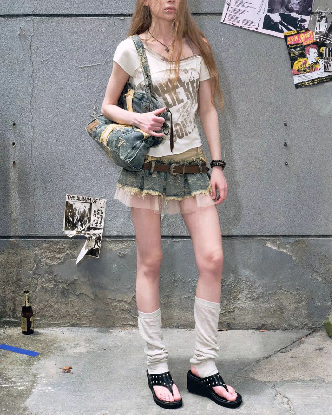 Contrast Pleated Denim Mini Skirt　BT032