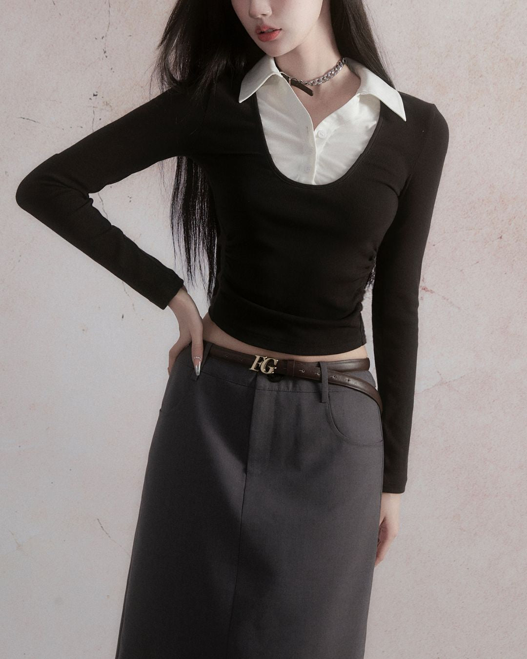 Shirt Layered Cropped Top　TP025