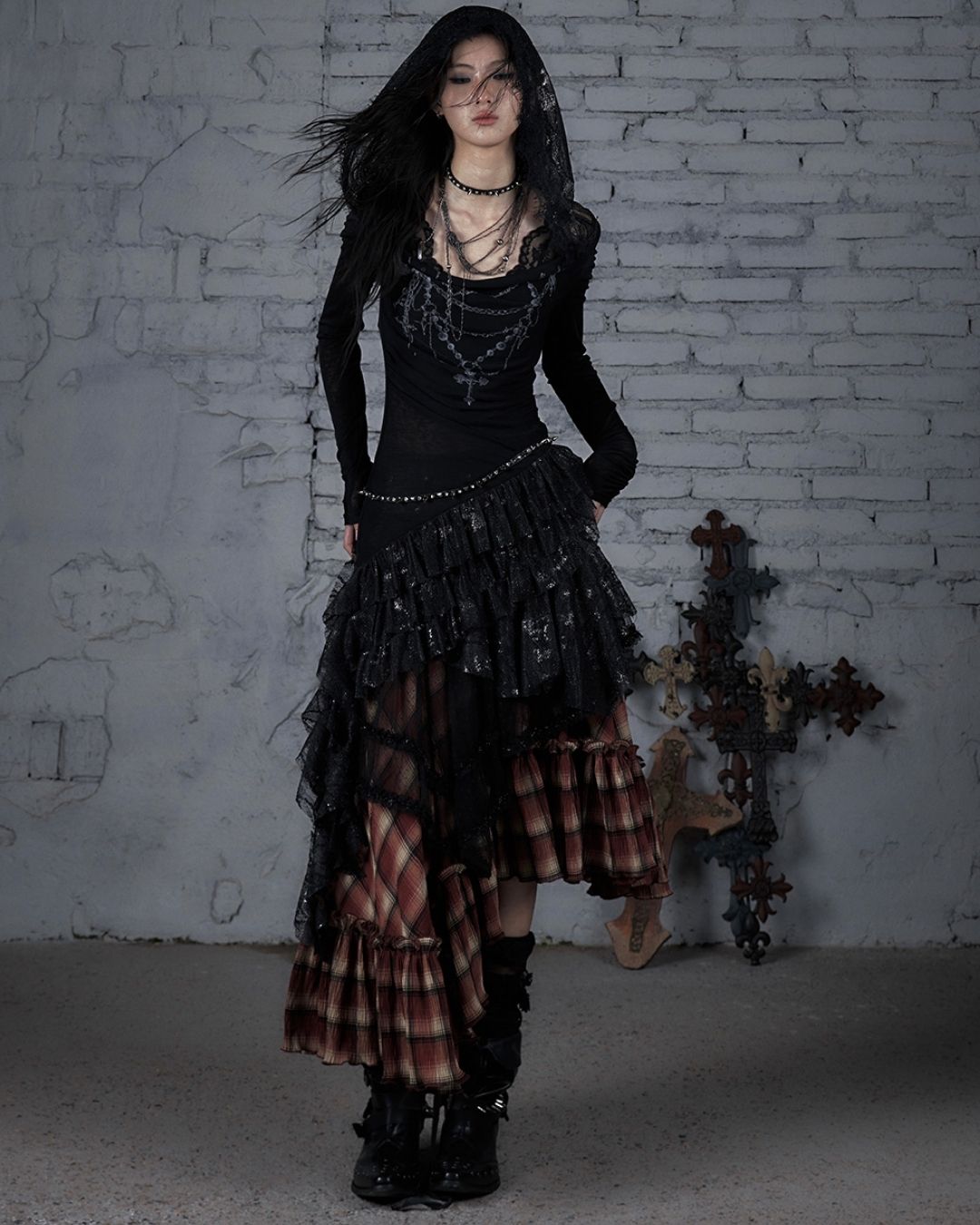 Necklace Print Lace Hooded Dress　DR037