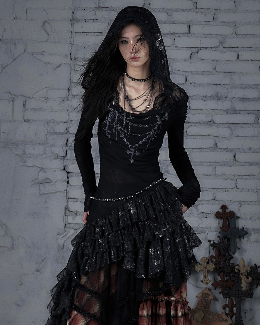 Necklace Print Lace Hooded Dress　DR037