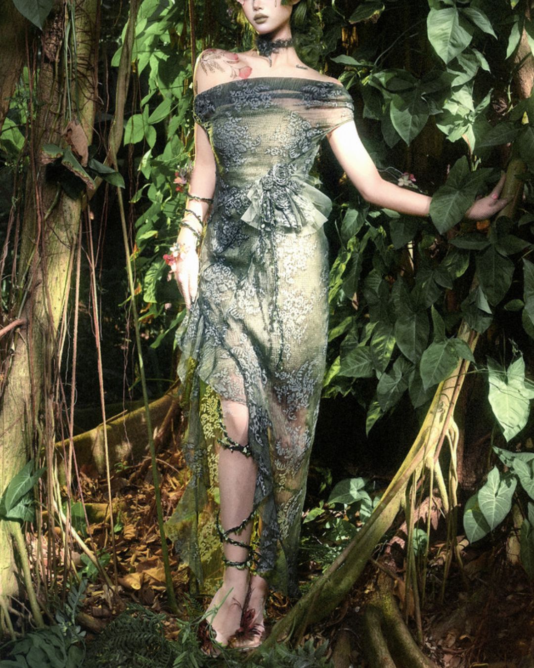 Off-the-shoulder Sheer Asymmetrical Dress　DR033