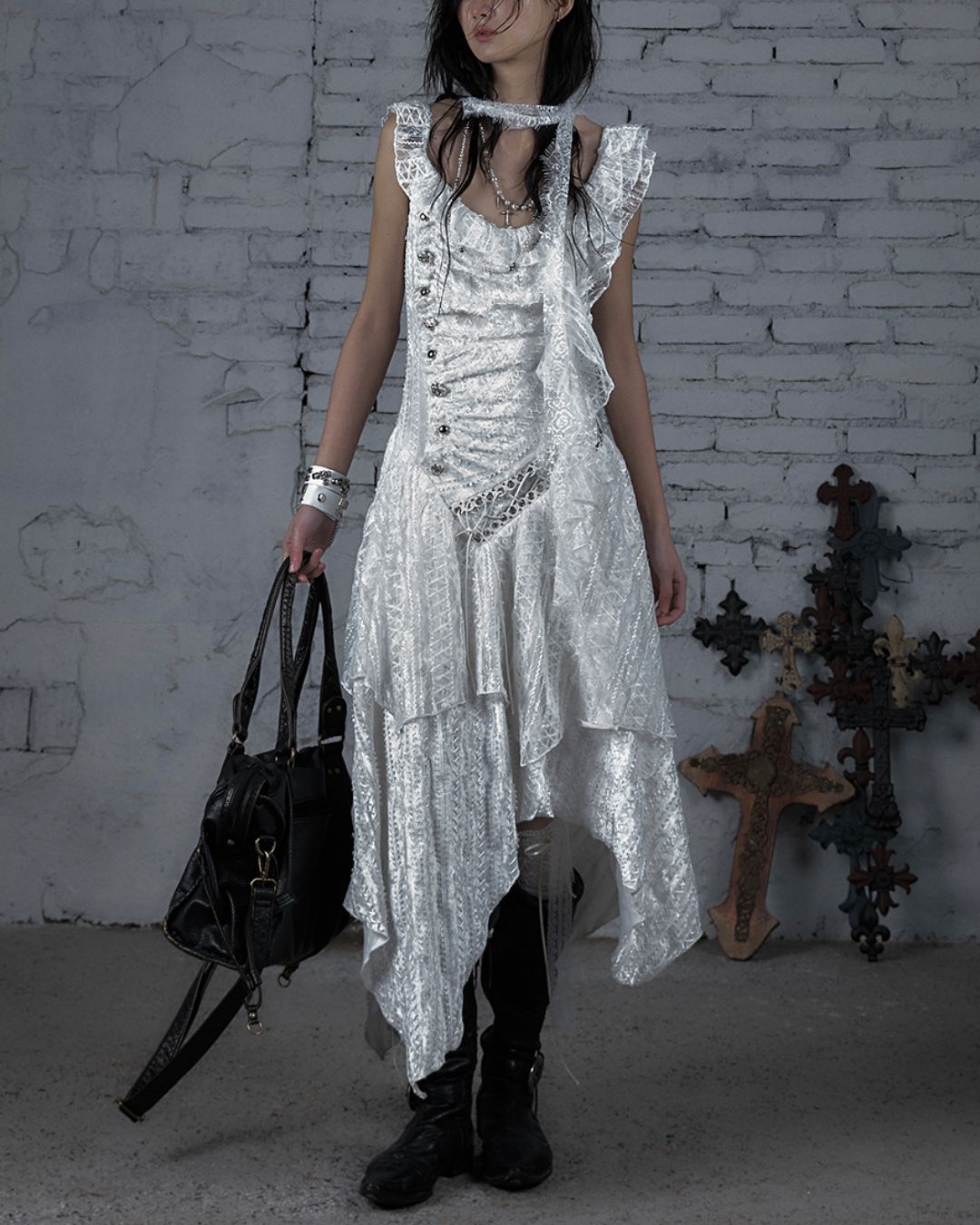 Sleeveless White Lace Asymmetrical Dress　DR038