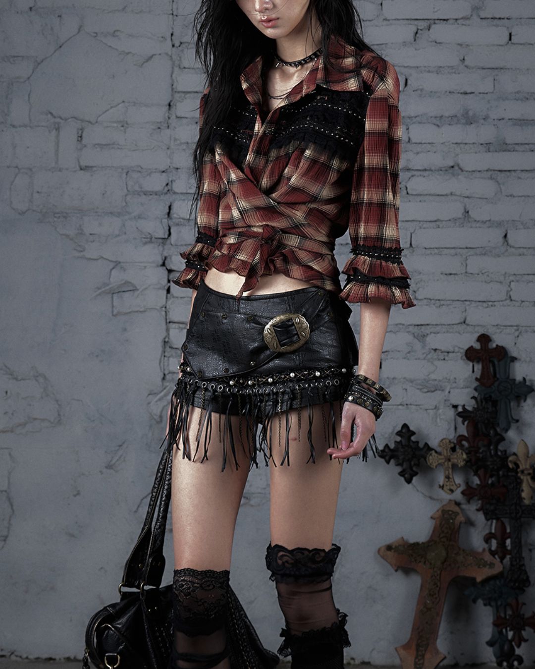 3/4 Sleeve Front Tie Check Shirt　TP043