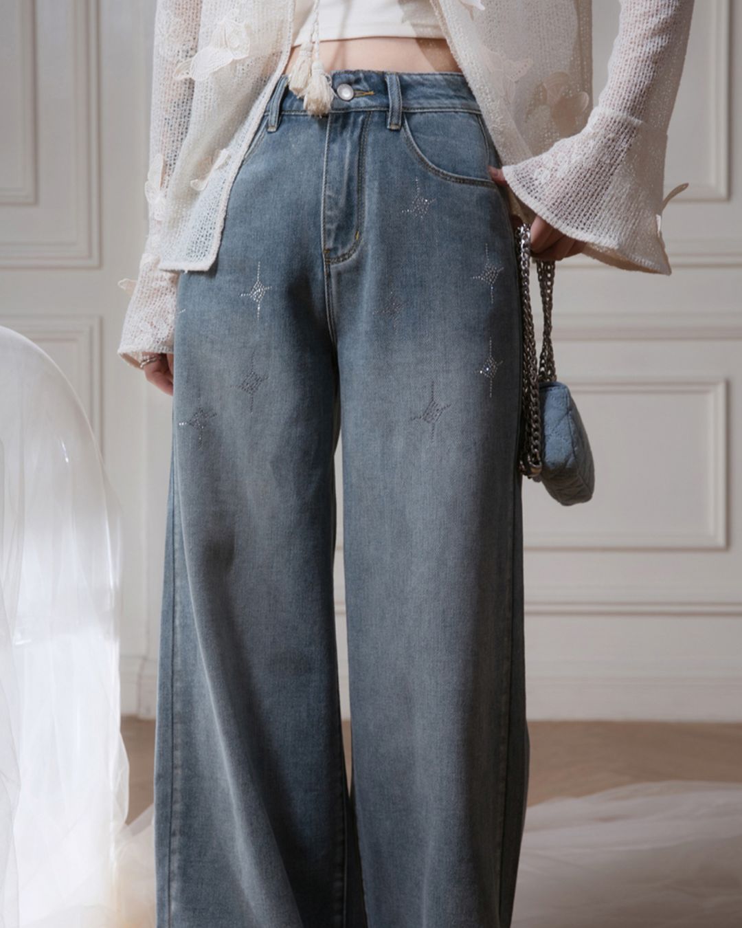 Rhinestone Decorated Wide Denim Pants　BT031