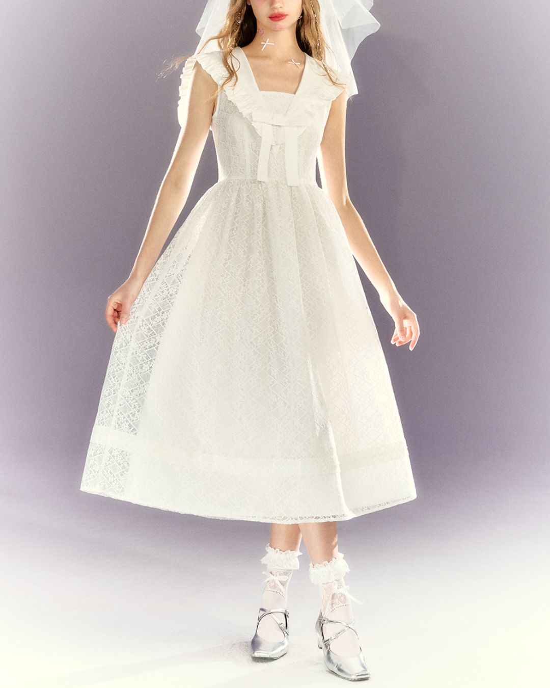 White Lace Sailor Collar Dress　DR023