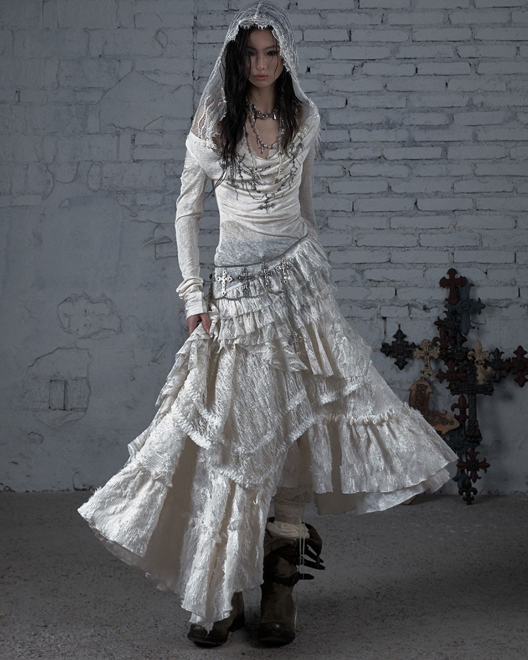 Necklace Print Lace Hooded Dress　DR037