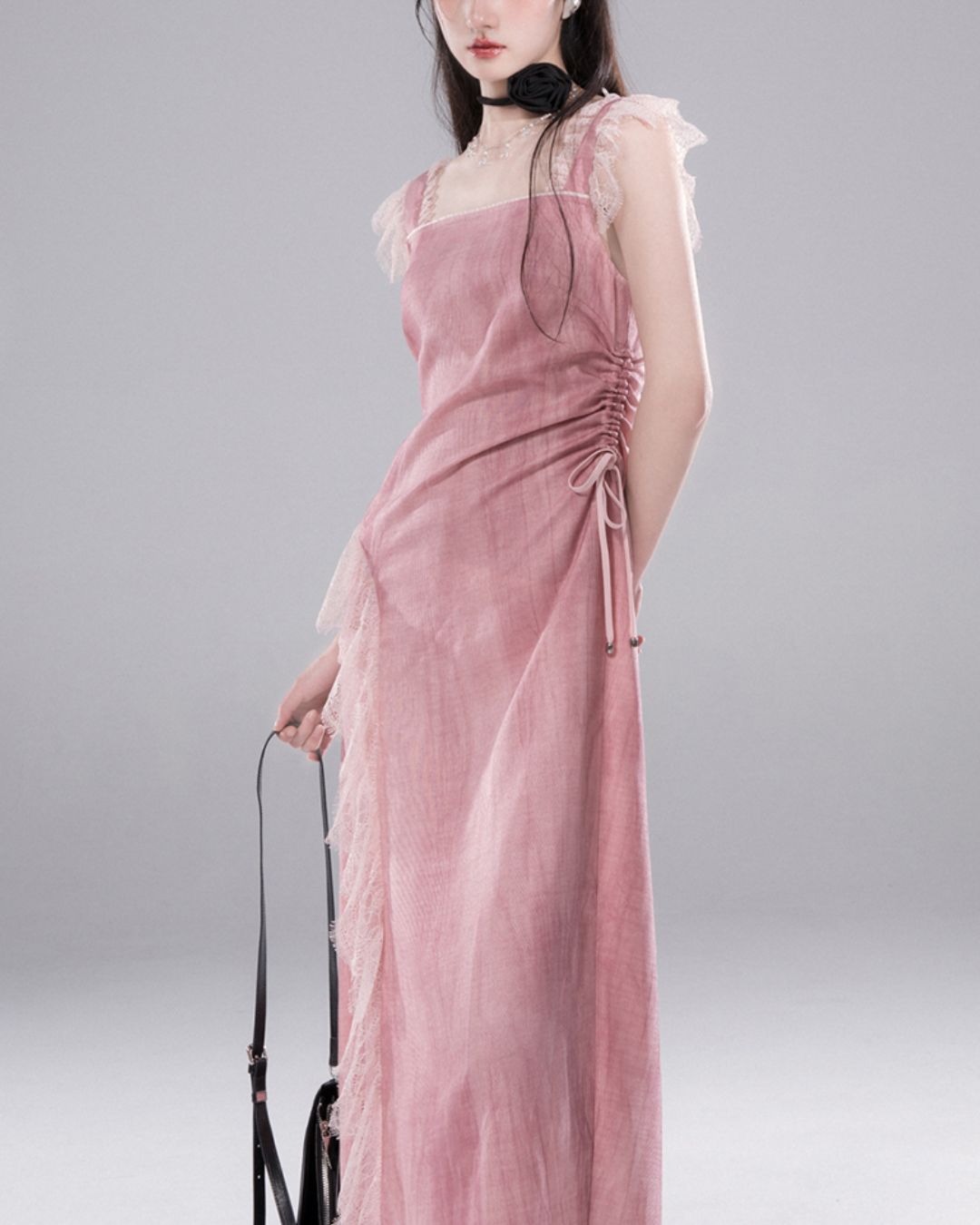 Side Waist Drawstring Lace Embellished Long Dress　DR042